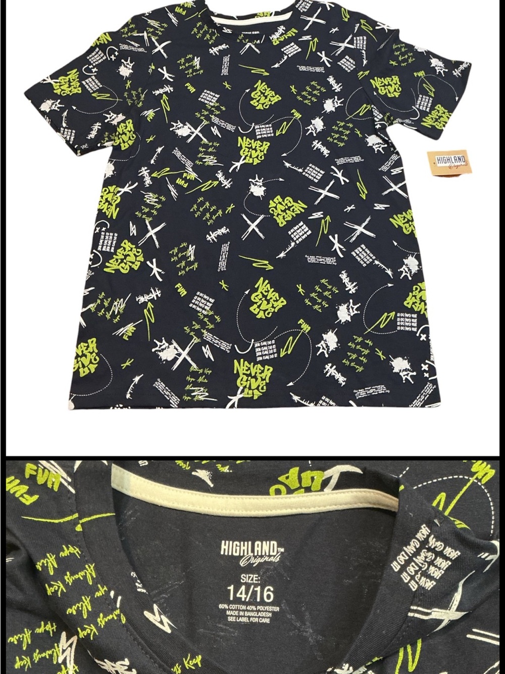💟Highland Originals Boys Graphic T-Shirt Size 14/16 Black Neon Short Sleeve